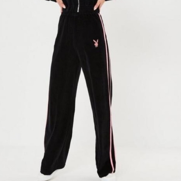 Missguided PLAYBOY embroidered logo racing Y2k pink stripe athletic velvet Pants - Picture 2 of 10